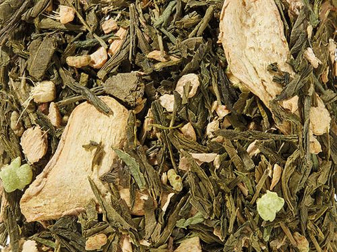 Groene Thee Matcha Genmaicha Gember – losse thee met geroosterde rijst, gemberschijfjes en Matcha bij Allethee