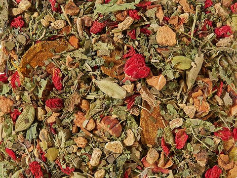 Kruiden Thee Kruidige Sensatie – losse kruidenmelange met gember, kaneel, citroenverbena en granaatappelbloesems.
