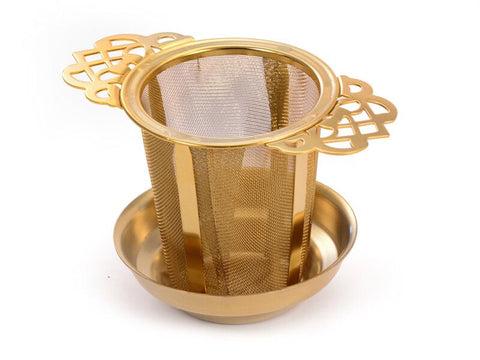 Goudkleurig theefilter deco van roestvrij staal, geschikt voor losse thee in mokken en theepotten – verkrijgbaar bij Allethee