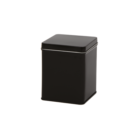 Vierkant zwart theeblik met scharnierdeksel, geschikt voor 100gr losse thee.