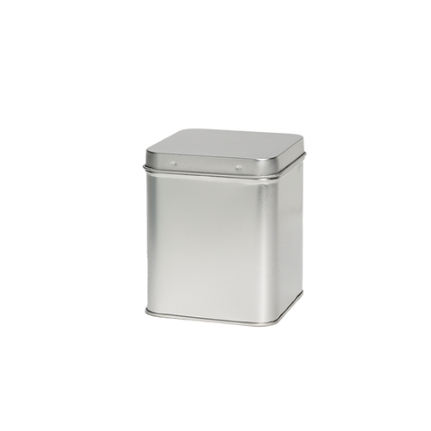 Vierkant zilver theeblik met scharnierdeksel, geschikt voor 100gr losse thee